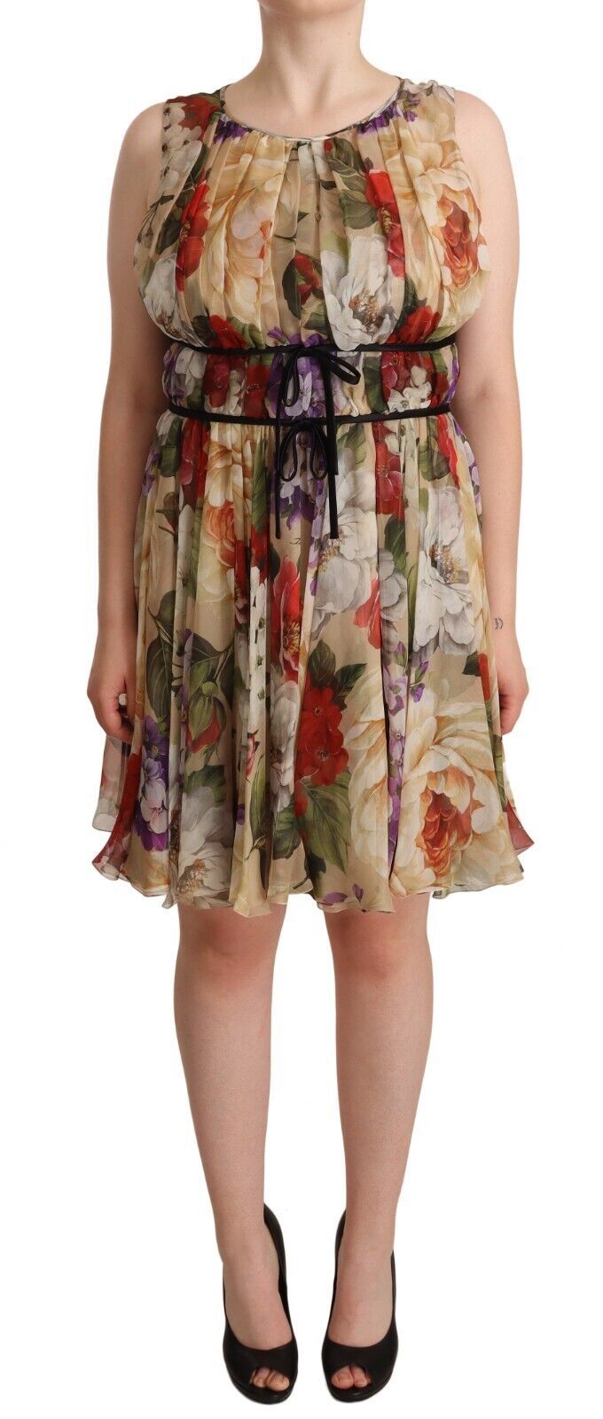 Beige Floral Sleeveless Round Neck Mini Dress