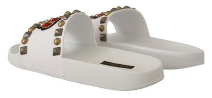 White Leather Crown Studs Slides Sandals Shoes