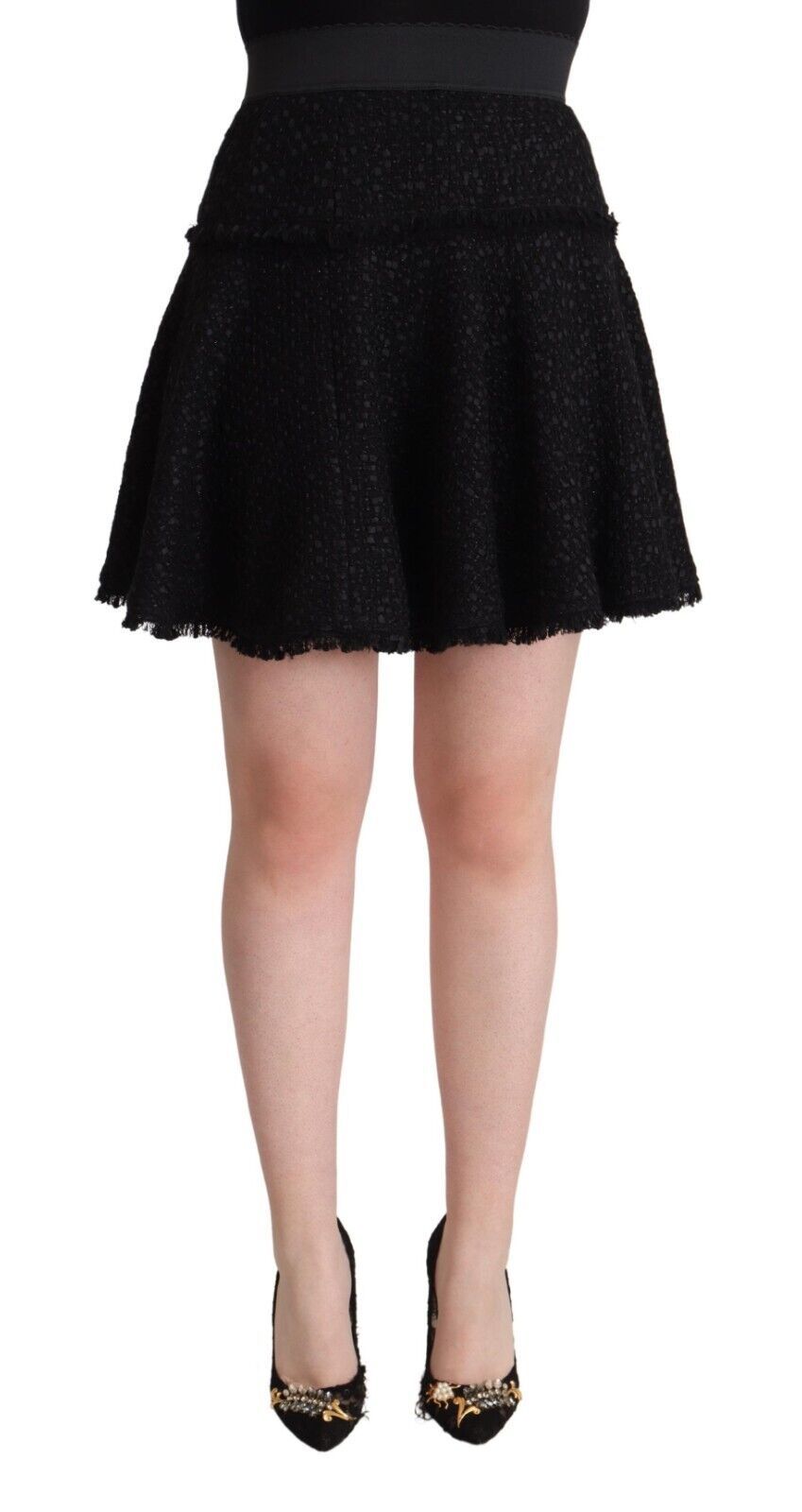 Black Knitted Nylon High Waist Mini A-line Skirt
