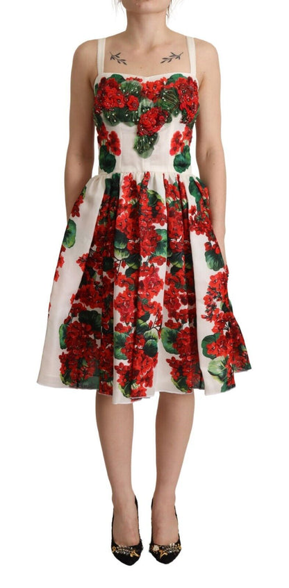 White Geranium Embellished Print A-line Dress