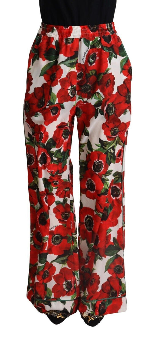 White Red Anemone Mid Waist Wide Leg Pants