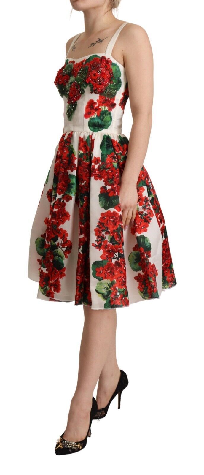 White Geranium Embellished Print A-line Dress