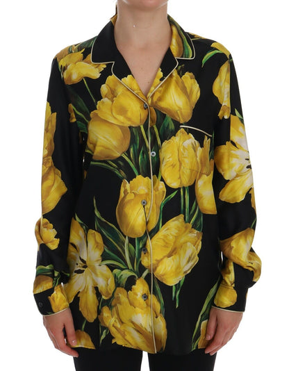 Black Yellow Floral Long Sleeves Pajama Shirt Top