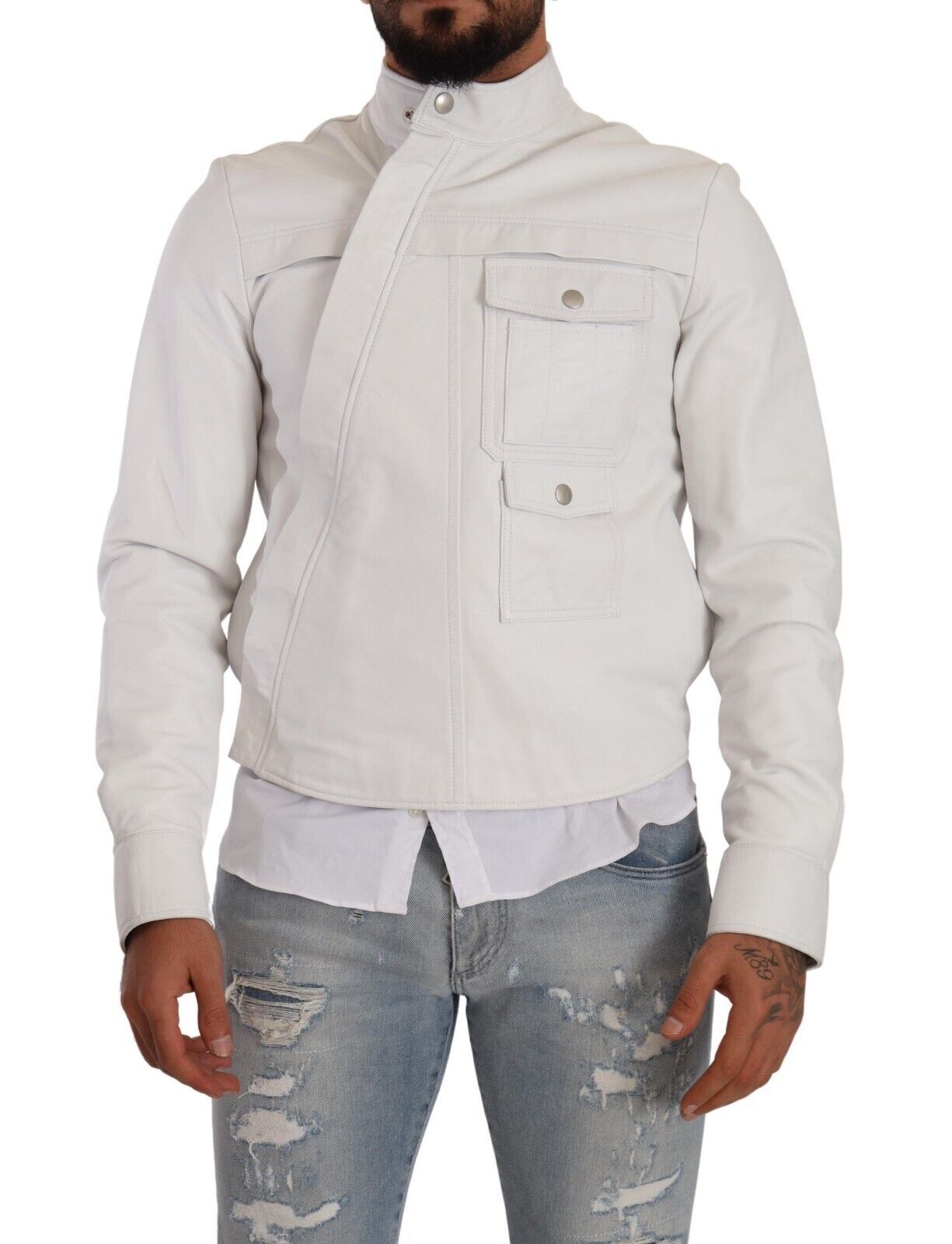 White Leather Biker Black Gold Collection Jacket