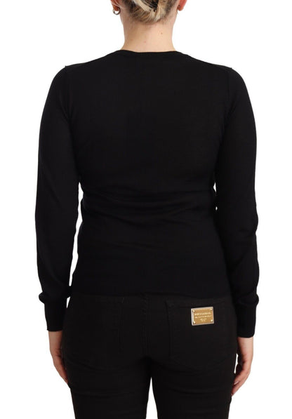 Black Cardigan Crewneck Pink Roses Sweater