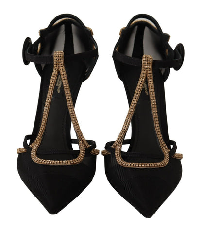 Black Crystal T-strap Heels Pumps Shoes