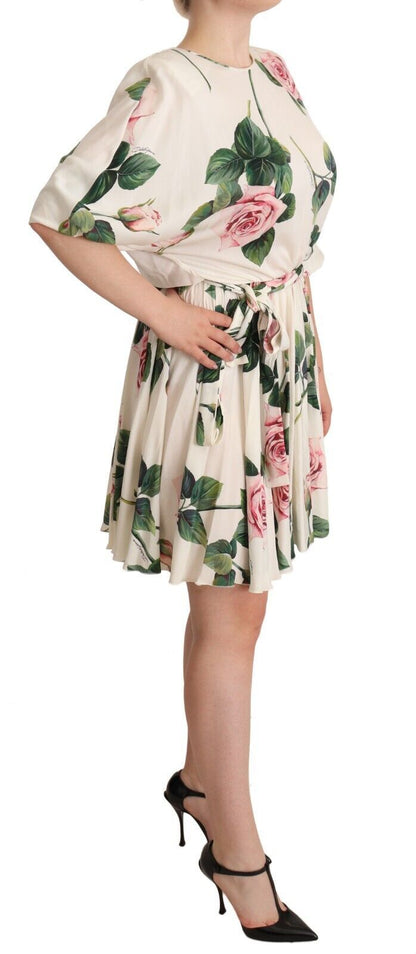 White Rose Print Stretch Silk Pleated Dress