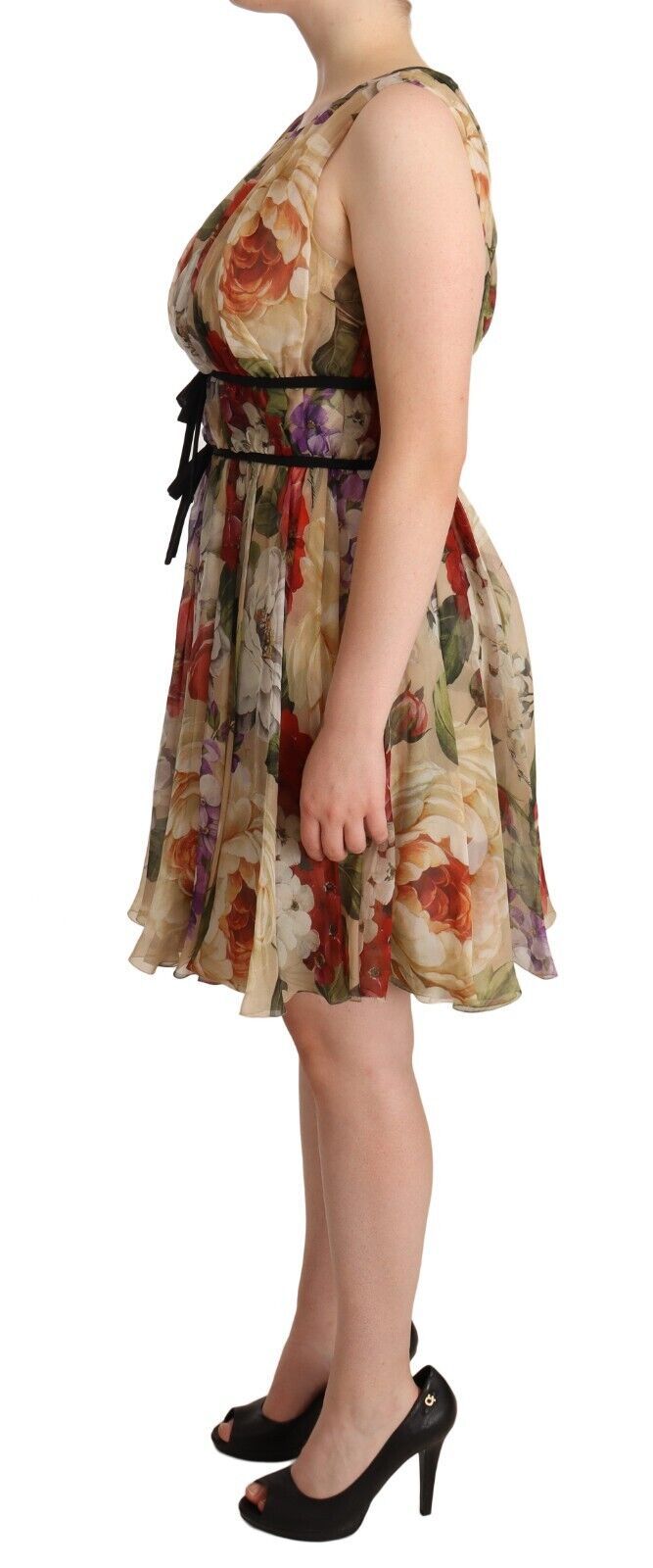 Beige Floral Sleeveless Round Neck Mini Dress