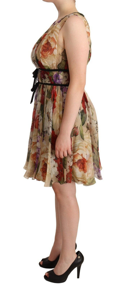 Beige Floral Sleeveless Round Neck Mini Dress