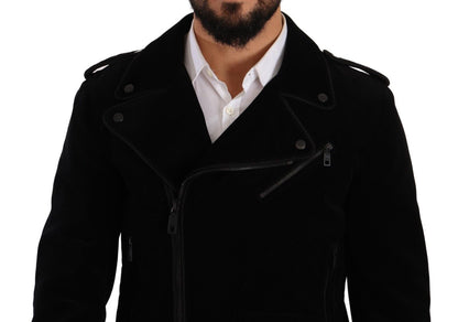 Black Cotton Full Zip Biker Coat Jacket