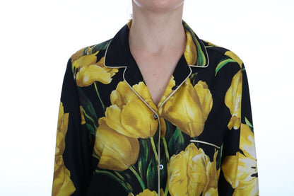 Black Yellow Floral Long Sleeves Pajama Shirt Top