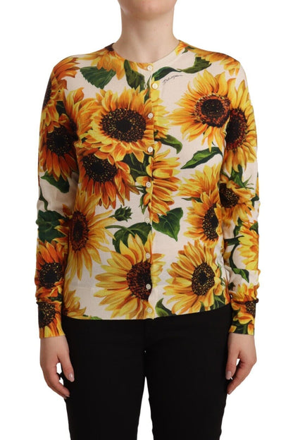 White Daisy Sunflower Silk Cashmere Cardigan Sweater