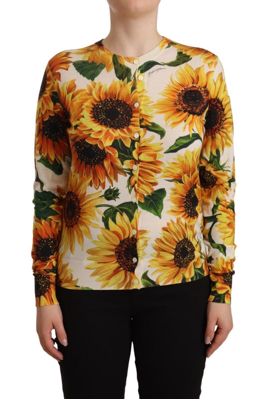 White Daisy Sunflower Silk Cashmere Cardigan Sweater
