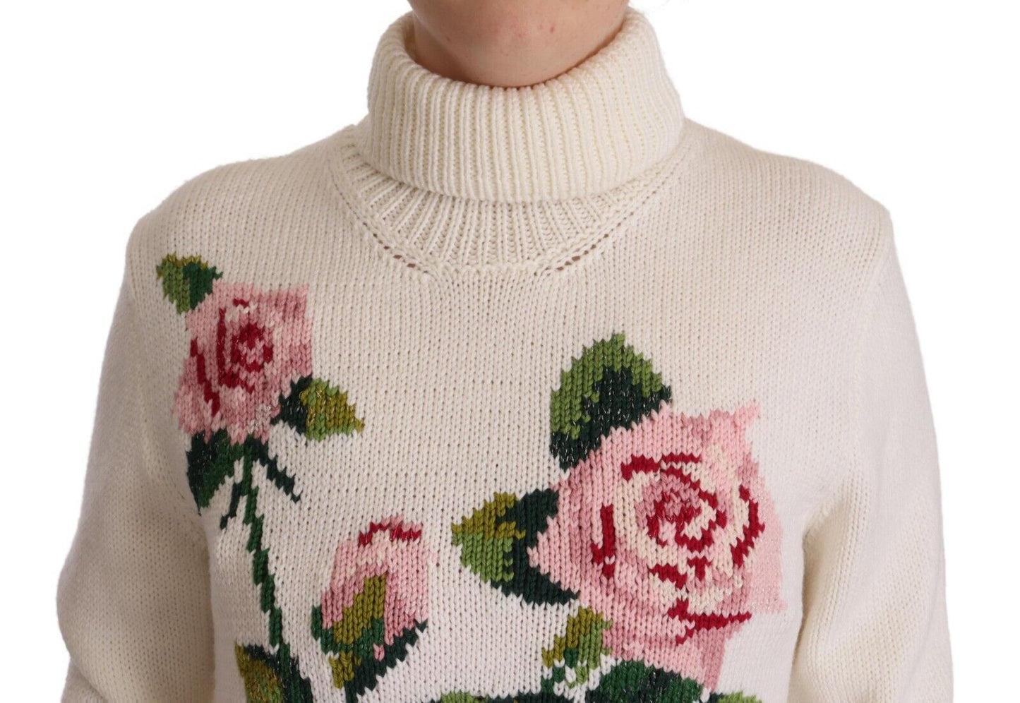 White Floral Knitted Turtle Neck Pullover Sweater