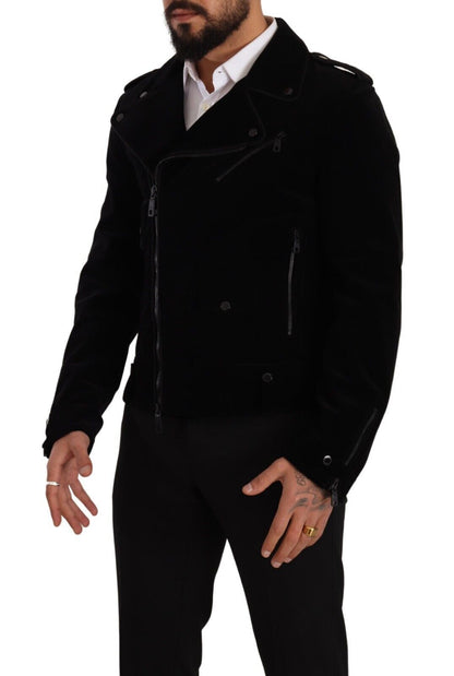 Black Cotton Full Zip Biker Coat Jacket