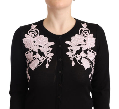 Black Cardigan Crewneck Pink Roses Sweater