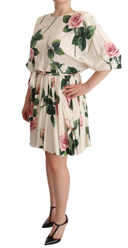 White Rose Print Stretch Silk Pleated Dress