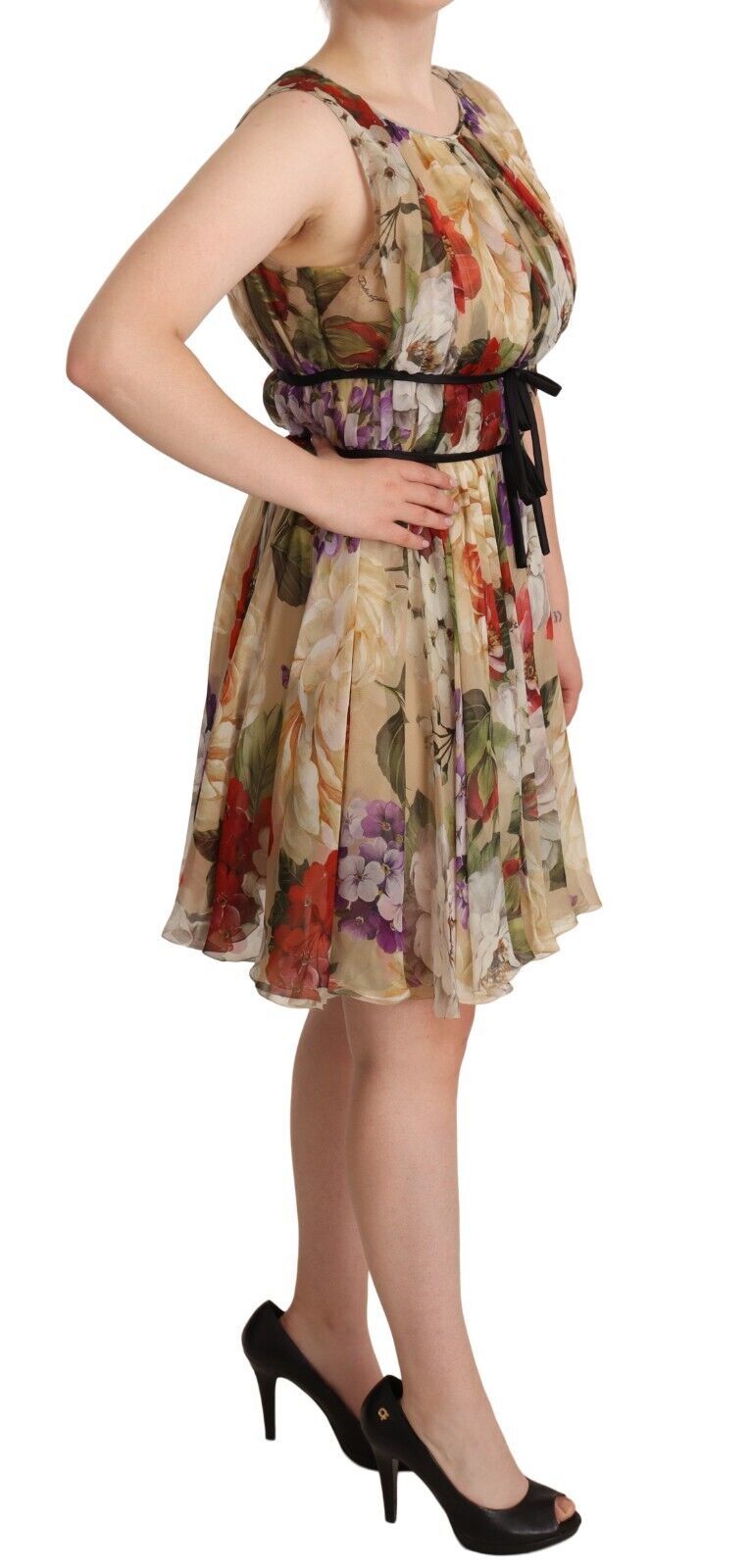 Beige Floral Sleeveless Round Neck Mini Dress