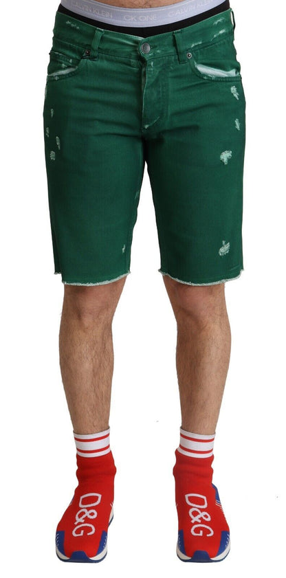 Green Tattered Cotton Men Denim Bermuda Shorts