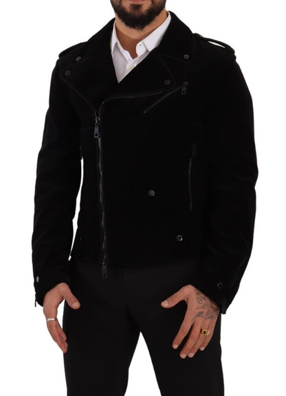 Black Cotton Full Zip Biker Coat Jacket