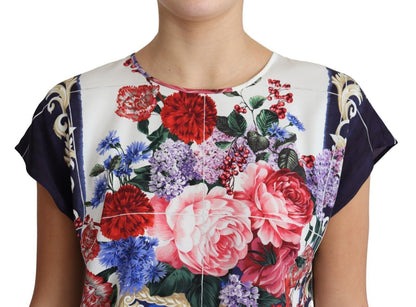 Multicolor Silk Flower Vase Short Sleeves Blouse Top