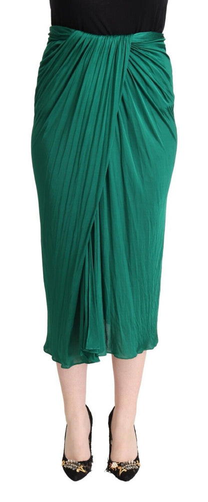 Dark Green High Waist Midi Pencil Cut Pleated Skirt