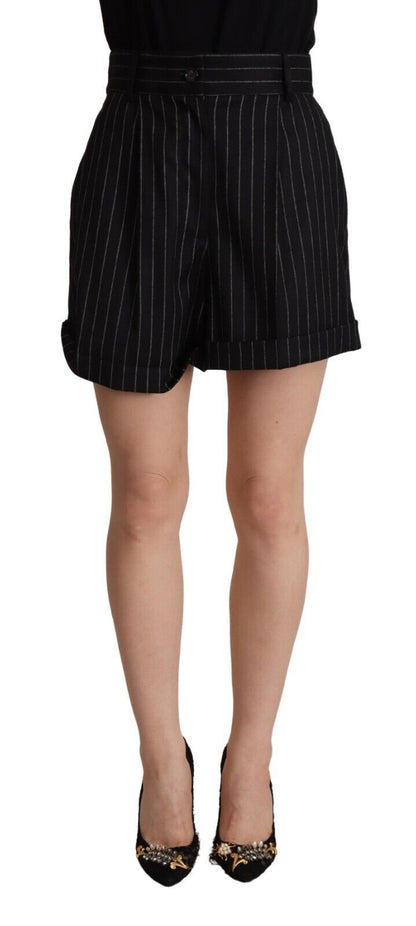 Black Stripes Wool High Waist Trouser Bermuda Shorts