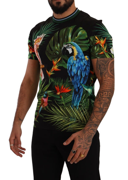 Black Cotton Jungle Print Crewneck Top T-shirt