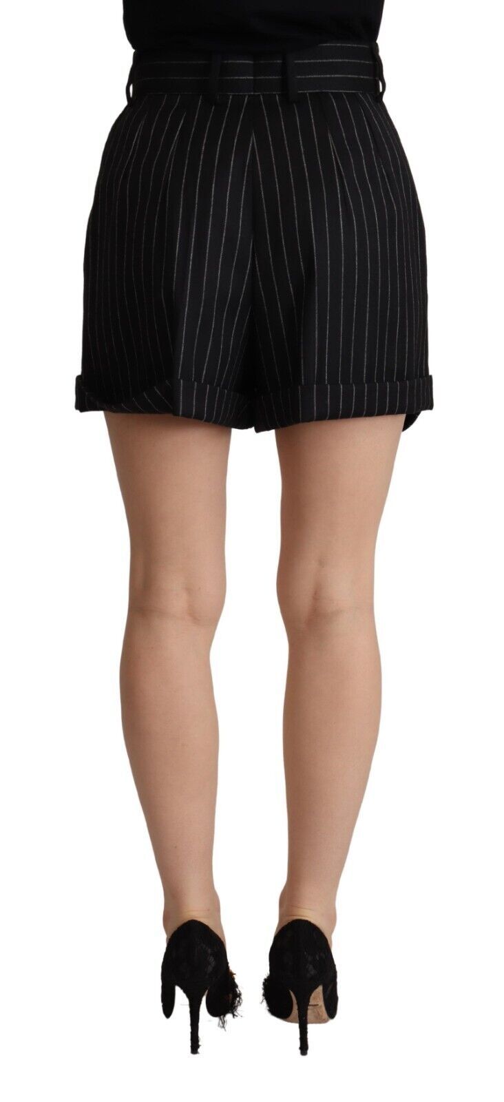 Black Stripes Wool High Waist Trouser Bermuda Shorts