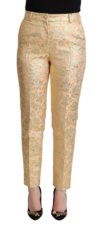 Pink Floral Brocade High Waist Trouser Tapered Pants