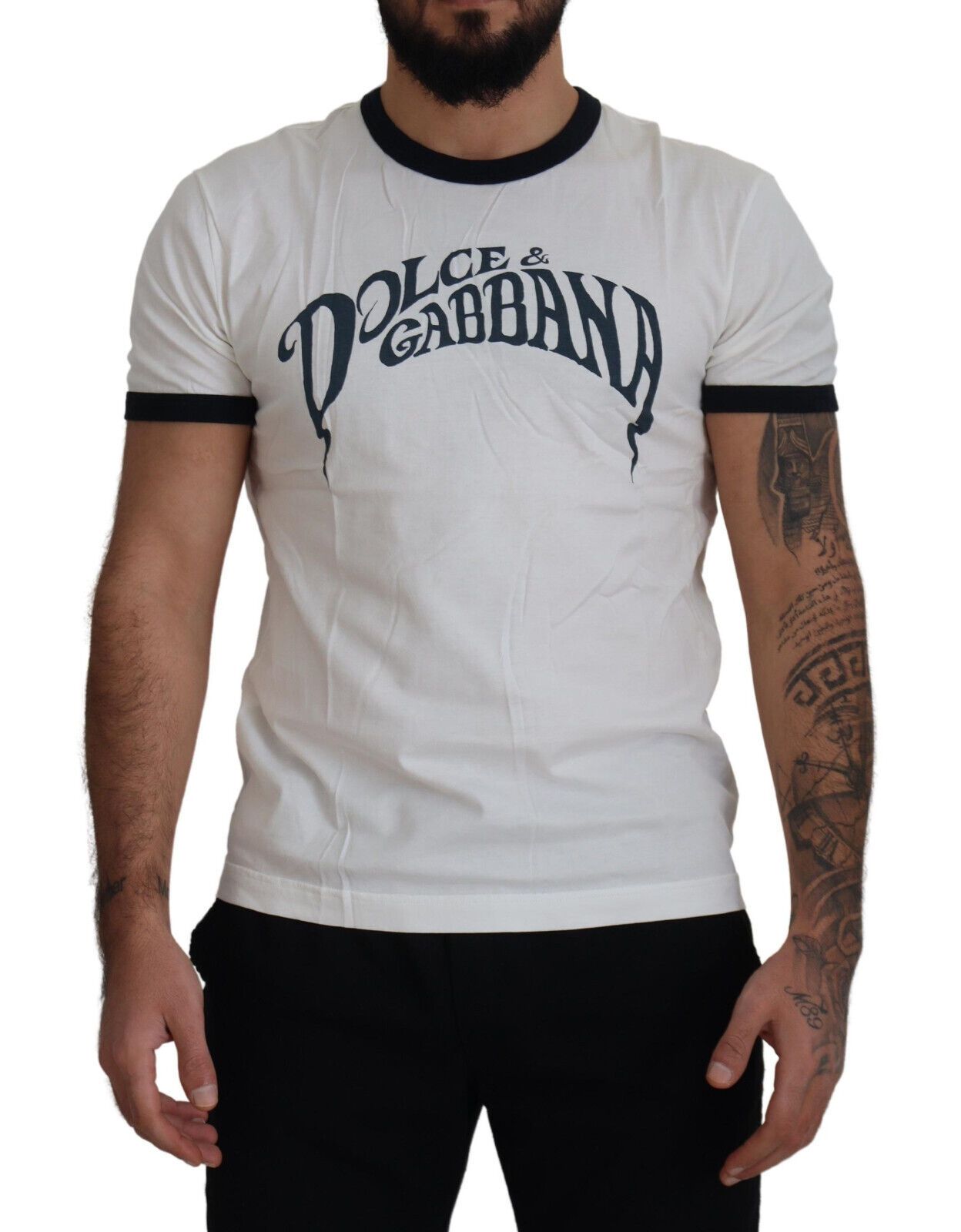 White Logo Print Cotton Crewneck  T-shirt