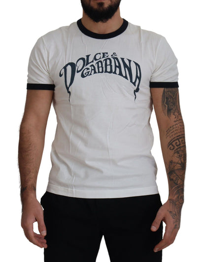 White Logo Print Cotton Crewneck  T-shirt