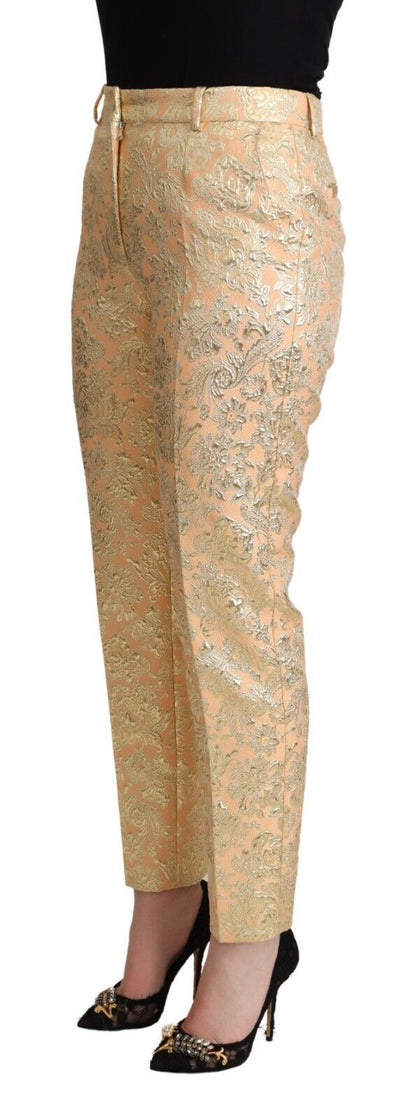 Pink Floral Brocade High Waist Trouser Tapered Pants