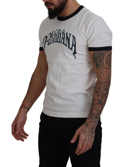 White Logo Print Cotton Crewneck  T-shirt