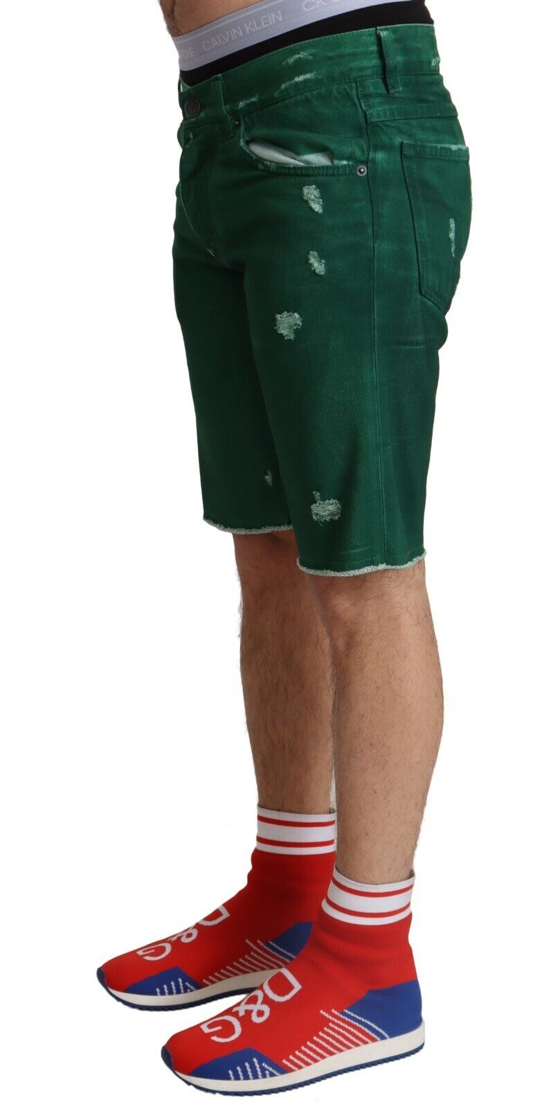 Green Tattered Cotton Men Denim Bermuda Shorts