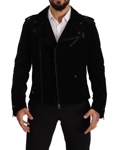 Black Cotton Full Zip Biker Coat Jacket