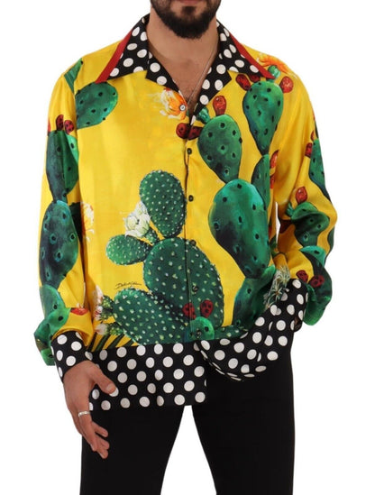 Yellow Green Cactus Silk Hawaiian Top Mens Shirt