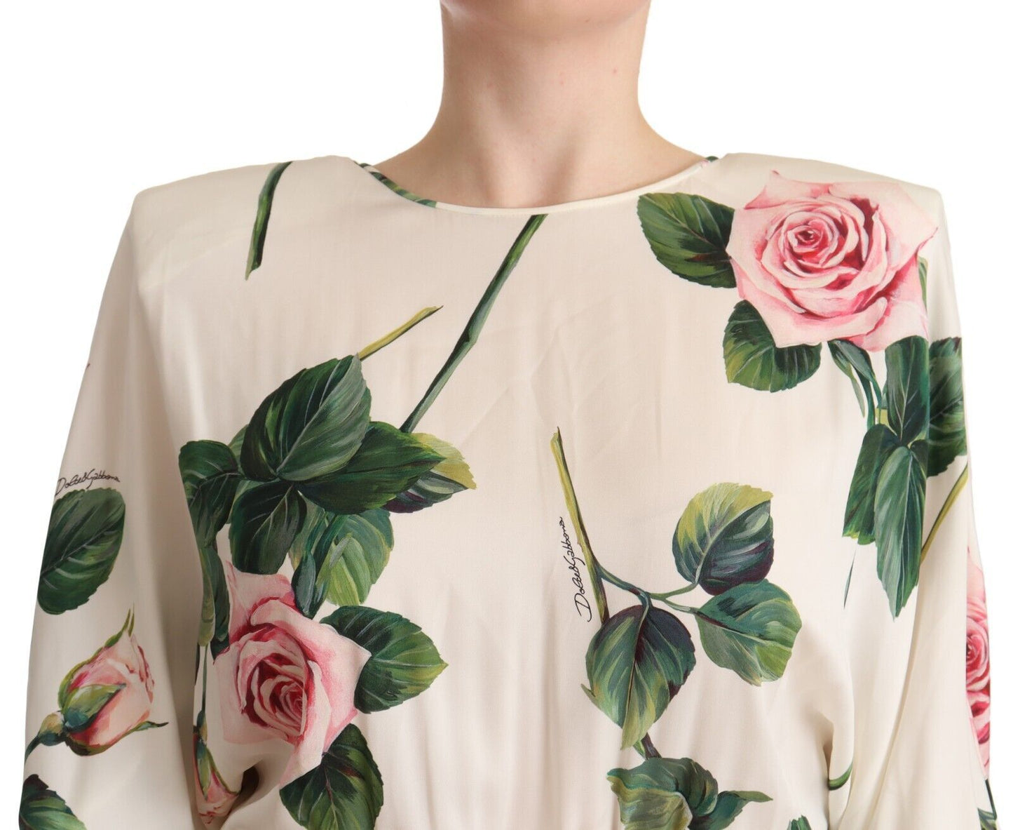 White Rose Print Stretch Silk Pleated Dress