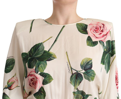 White Rose Print Stretch Silk Pleated Dress