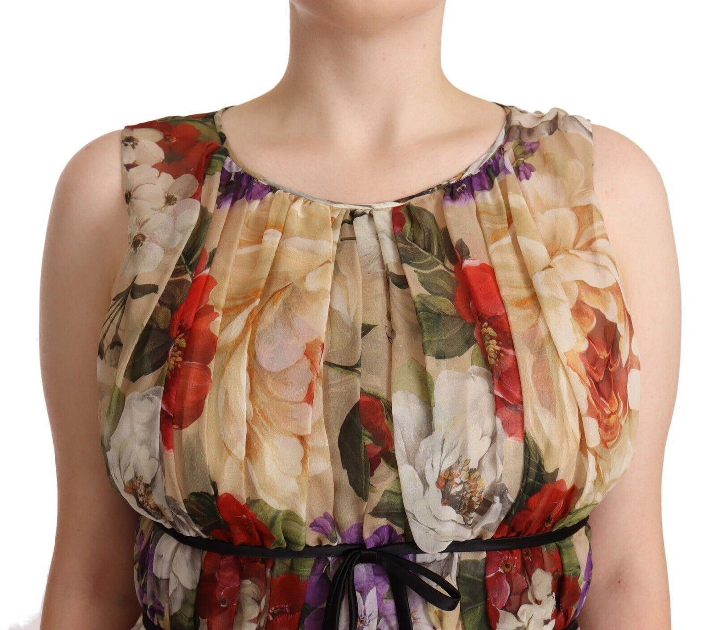 Beige Floral Sleeveless Round Neck Mini Dress