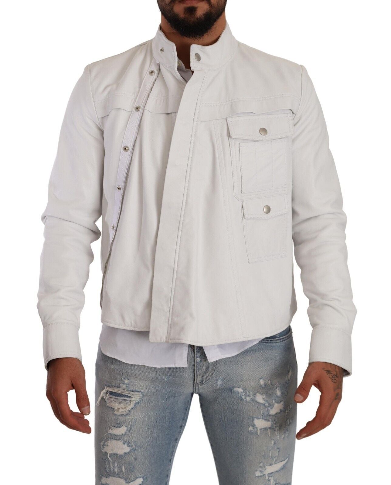 White Leather Biker Black Gold Collection Jacket