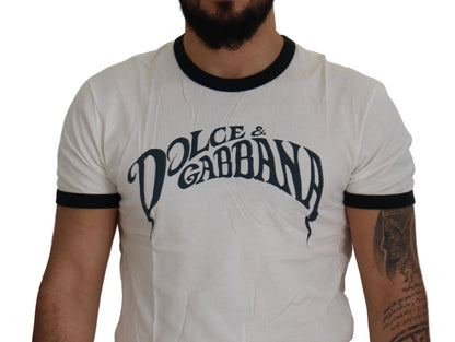 White Logo Print Cotton Crewneck  T-shirt