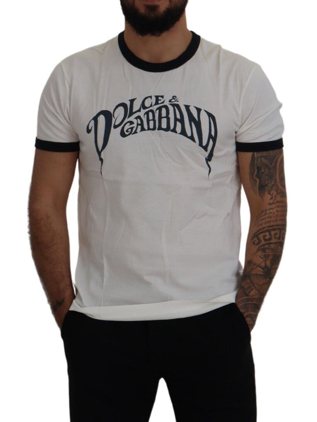 White Logo Print Cotton Crewneck  T-shirt