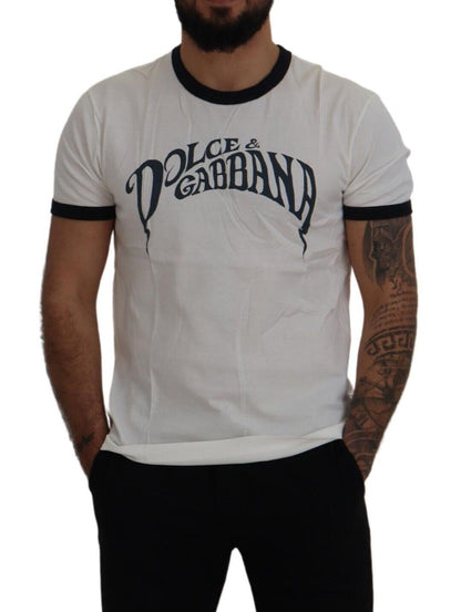 White Logo Print Cotton Crewneck  T-shirt