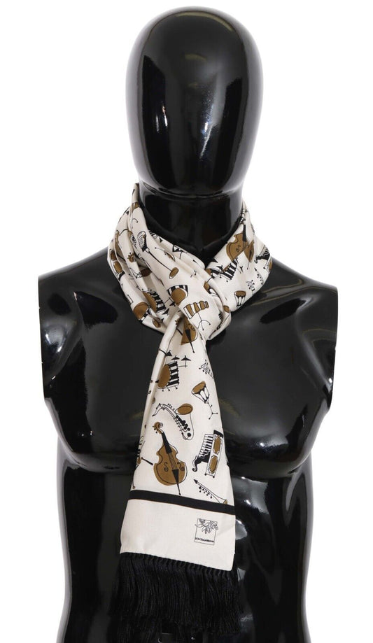 White Instrument Silk Shawl Fringes Scarf