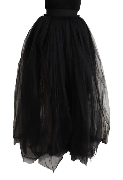 Black Nylon High Waist Long A-line Tulle Skirt