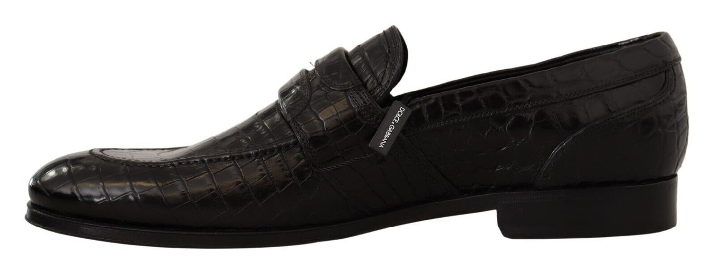 Black Crocodile Leather Slip On Moccasin Shoes