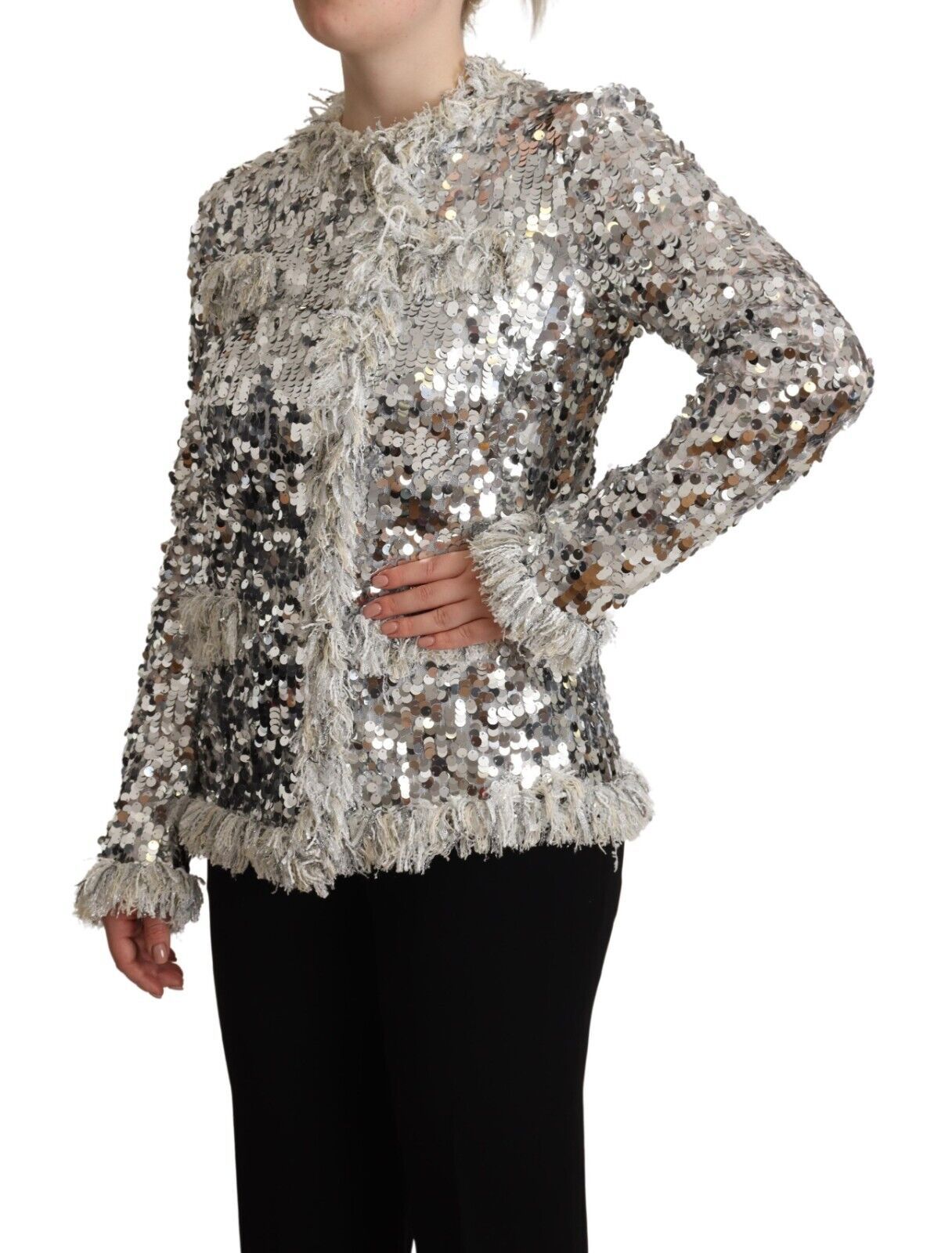 Silver Sequined Shearling Long Sleeves Jacket