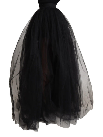 Black Nylon High Waist Long A-line Tulle Skirt