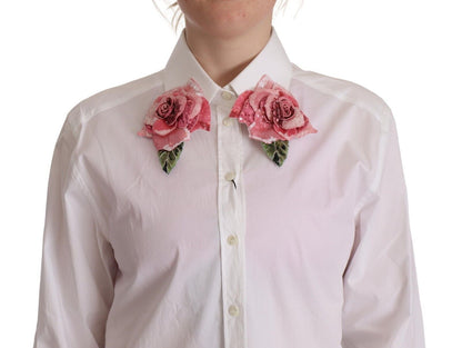 White Cotton Button Up Collared Floral Sequin Top